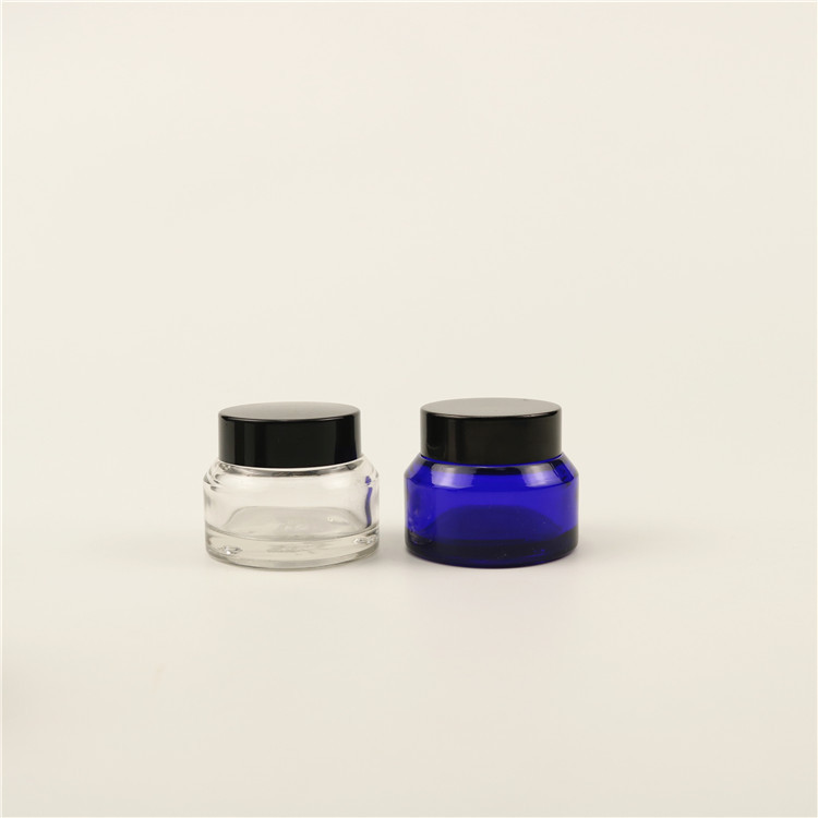 Flat concentrate/cream cylinder slant shoulder black matt,white, clear,olive green blue glass cream jar with plastic lid