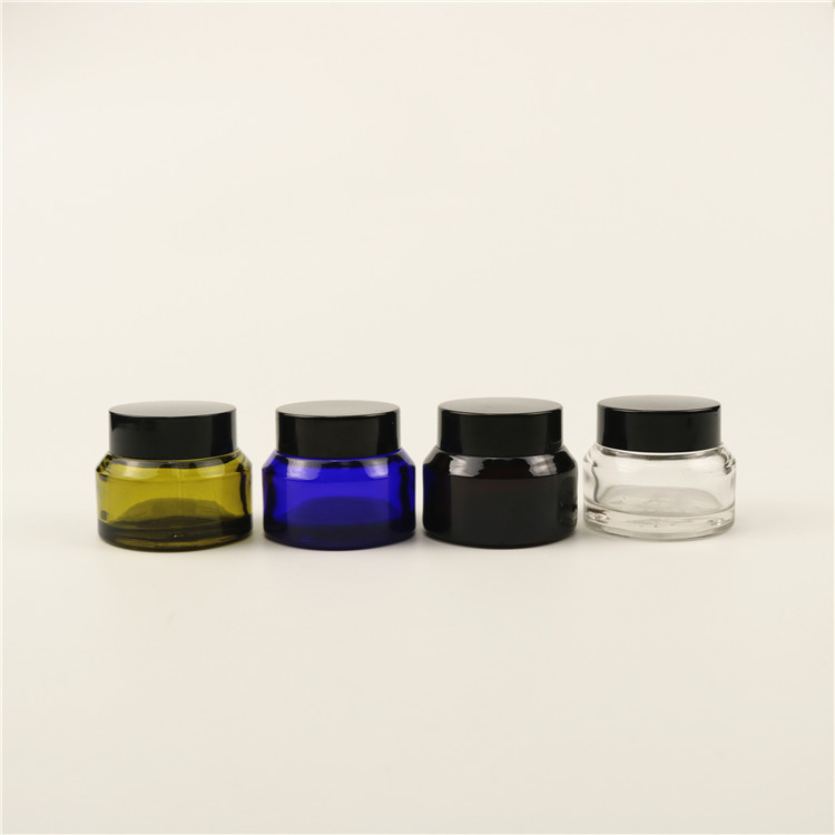 Flat concentrate/cream cylinder slant shoulder black matt,white, clear,olive green blue glass cream jar with plastic lid