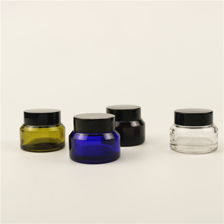 Flat concentrate/cream cylinder slant shoulder black matt,white, clear,olive green blue glass cream jar with plastic lid