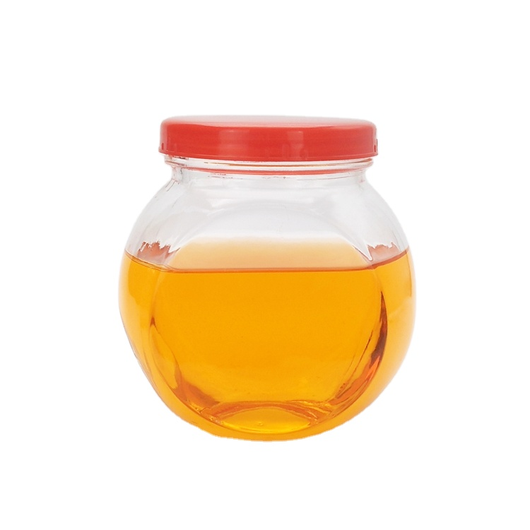 Flat drum shape clear 680ml wide mouth glass storage jar with plastic cap