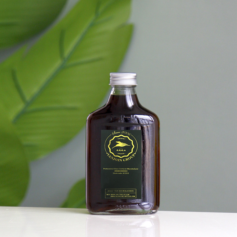 Flat flask Shape With Aluminum Lid For Iced Cold Brew Coffee 100ml 200ml 350ml Glass Bottle