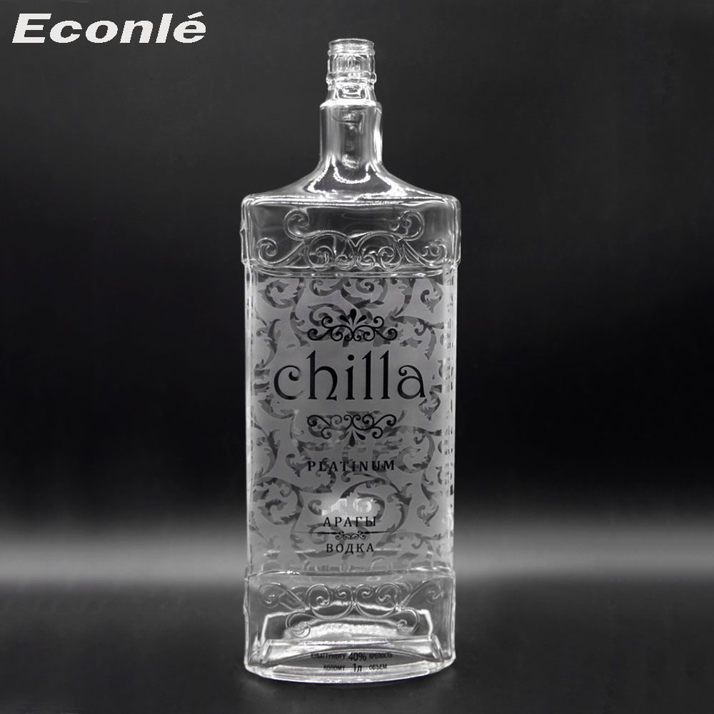 Flat shape frosted whisky glass bottle 1000ml bottle whiskey