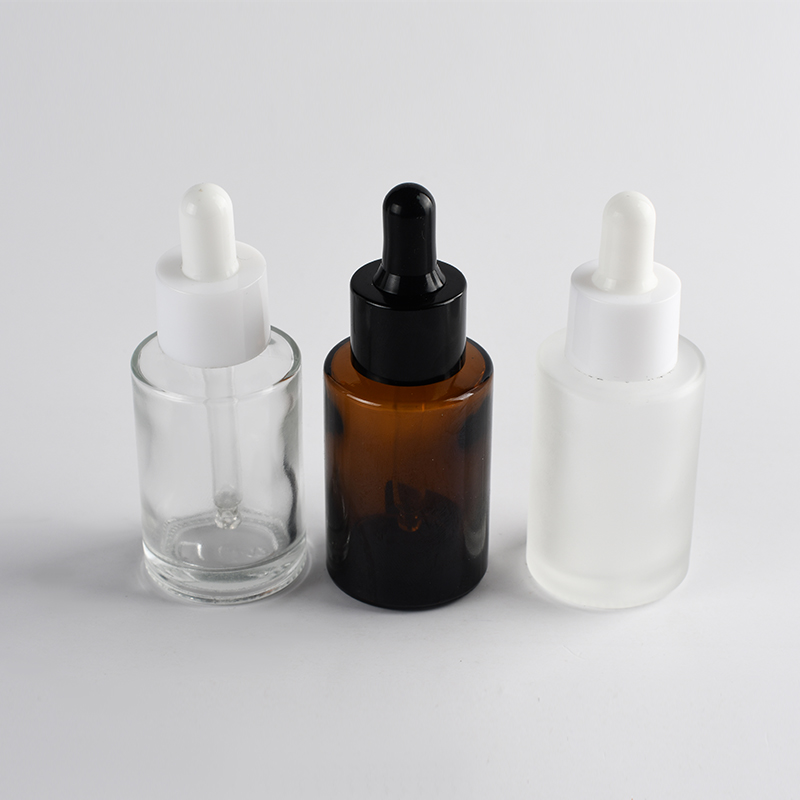 Flat shoulder 20ml 30ml 50ml 100ml essential oil serum frosted clear amber glass dropper bottle with pipette