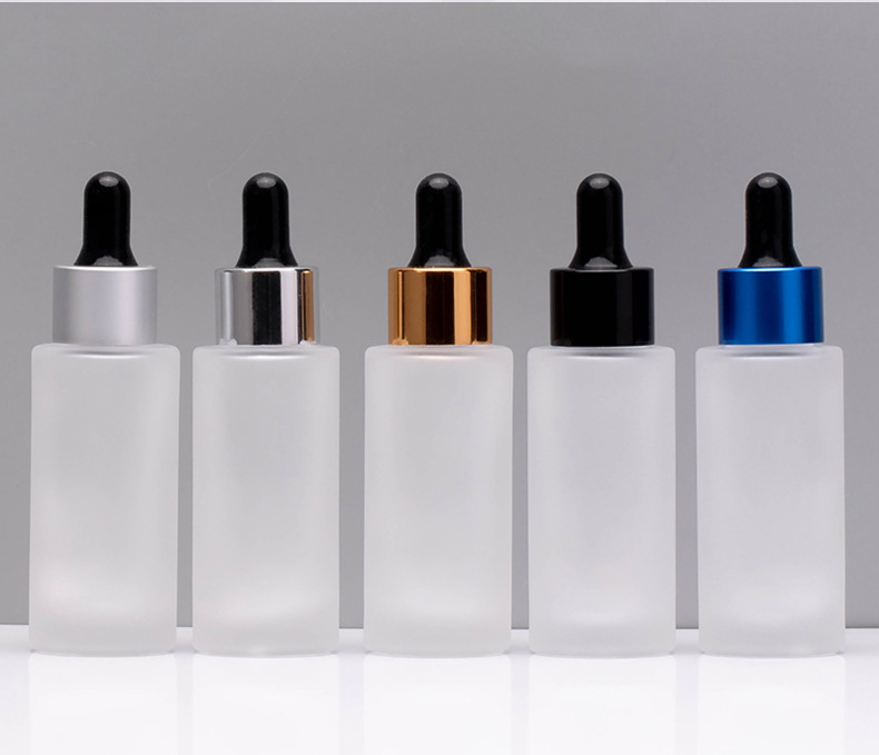 Flat shoulder 30ml 100ml 120ml Clear Frosted Glass Dropper Bottles Colored 20/410 White Drip Cap
