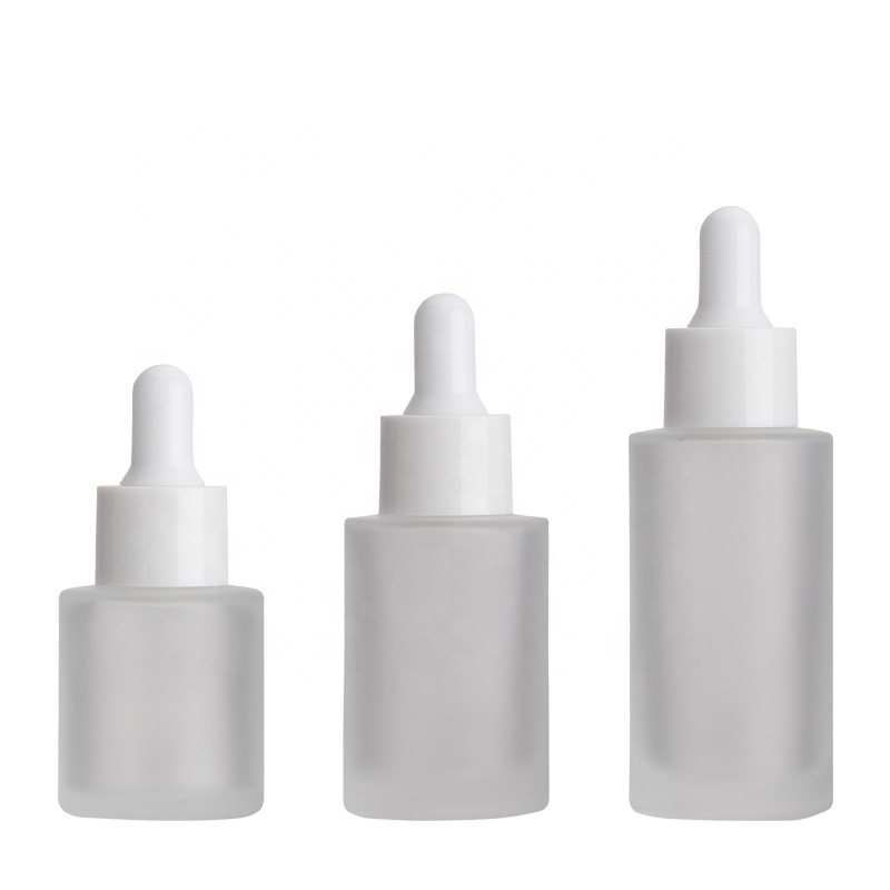 Flat shoulder 30ml 50ml 60ml 100ml 120ml clear frosted glass dropper bottles with 20/410 white drip cap