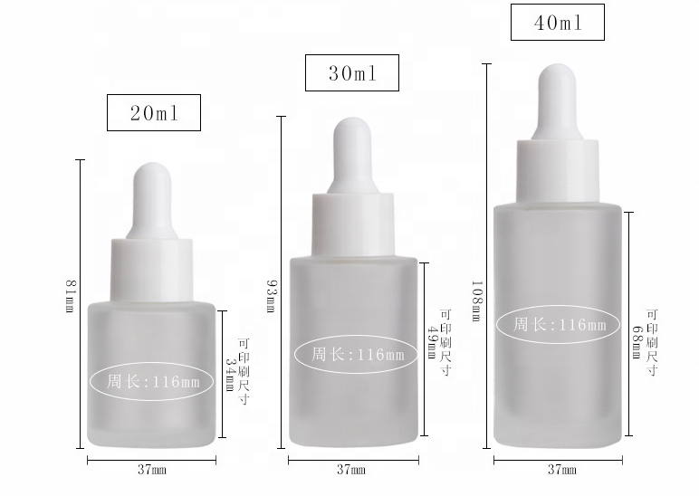 Flat shoulder 30ml 50ml 60ml 100ml 120ml clear frosted glass dropper bottles with 20/410 white drip cap