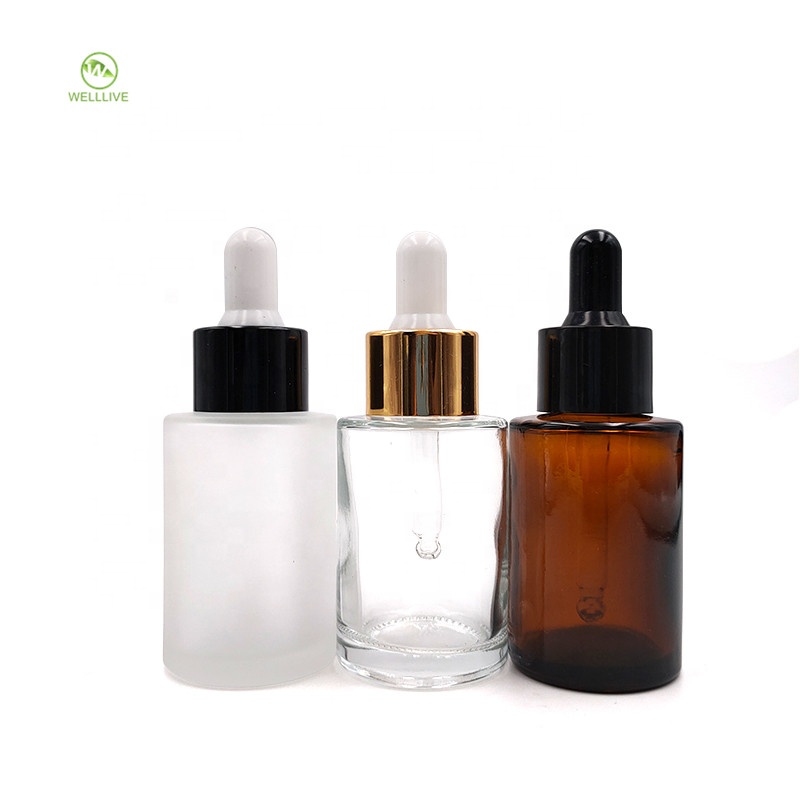 Flat shoulder 30ml frosted clear amber glass dropper bottle for essential oil perfume 1oz Welllive