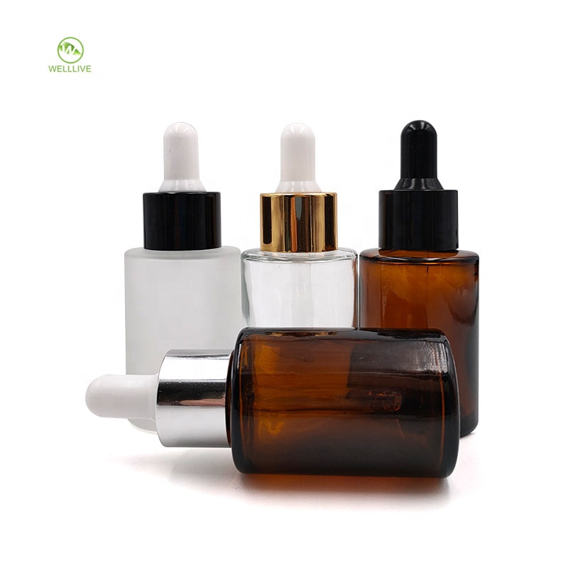 Flat shoulder 30ml frosted clear amber glass dropper bottle for essential oil perfume 1oz Welllive