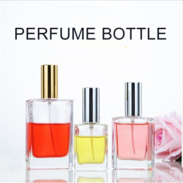 Flat square High-grade perfume glass bottle with pump head 30ml 50ml 100ml