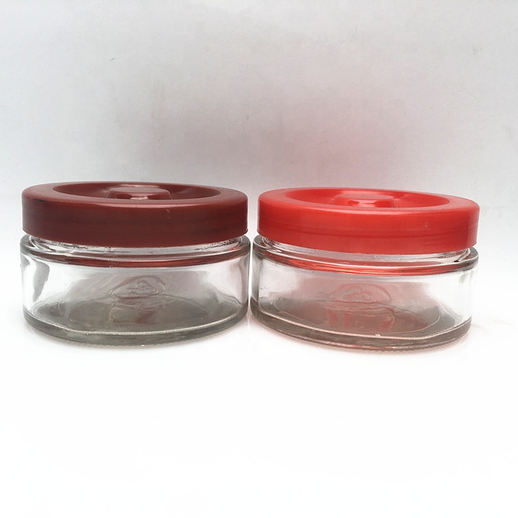 Flat wide mouth 200ml glass fruit jam preserving jar with screw plastic lid