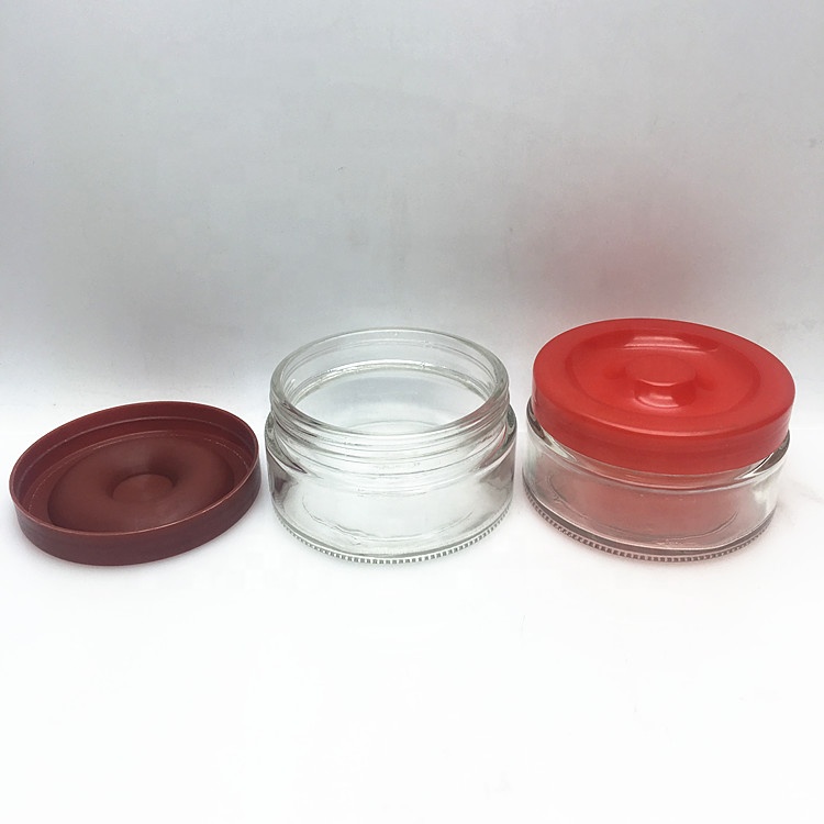 Flat wide mouth 200ml glass fruit jam preserving jar with screw plastic lid