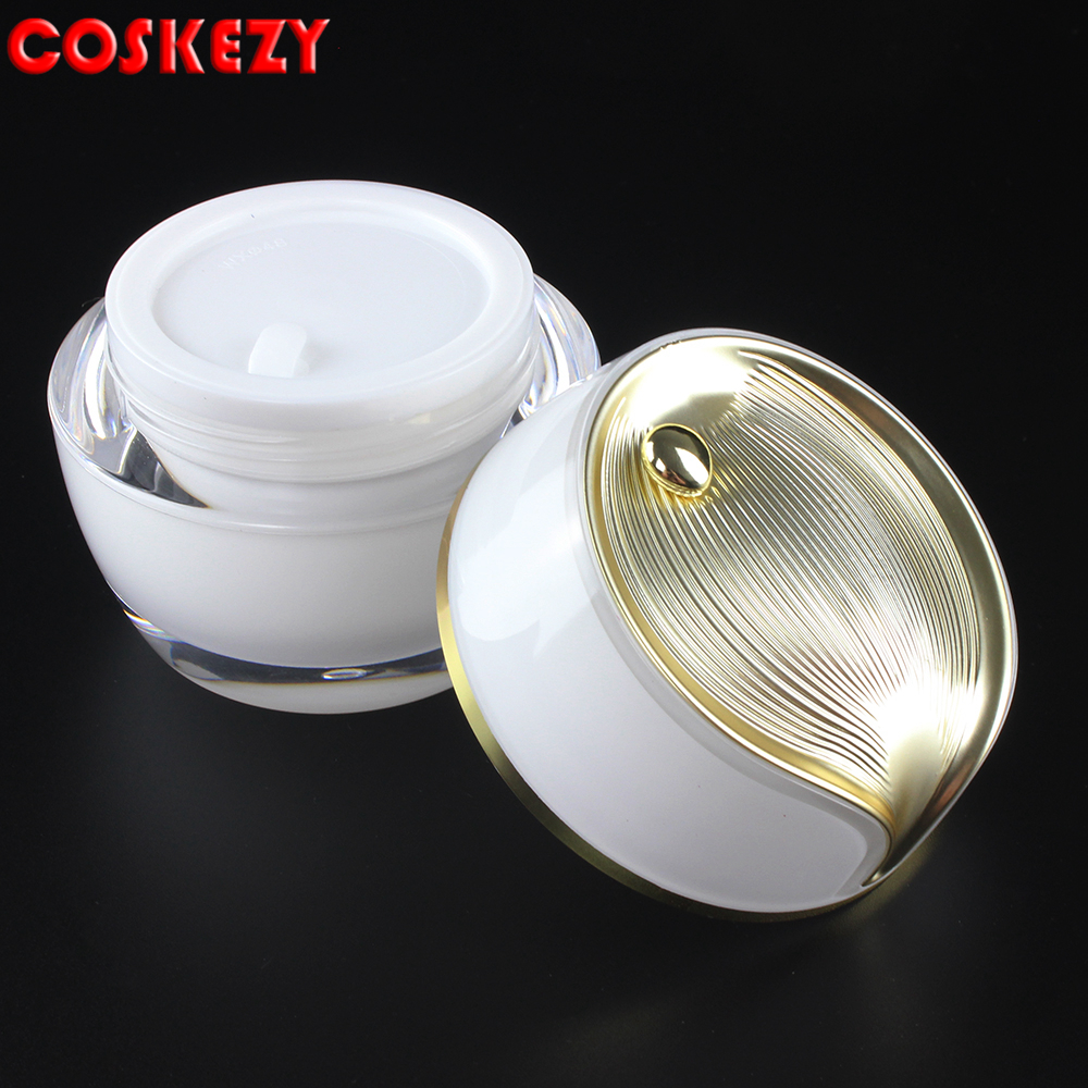 Flounced White Empty Plastic Facial Cream Jar with Gold Lids with Pure White Cosmetic Acrylic Jar