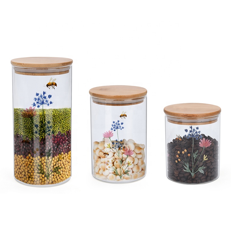 Flower deco glass kitchen storage canister set with bamboo lid