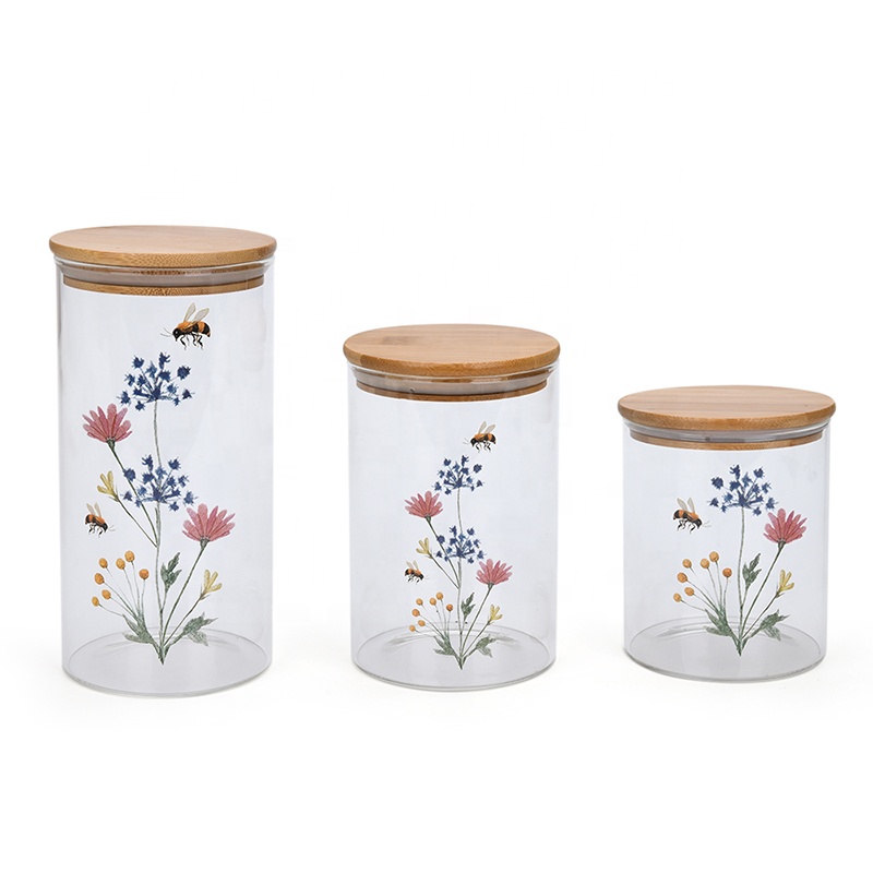 Flower deco glass kitchen storage canister set with bamboo lid