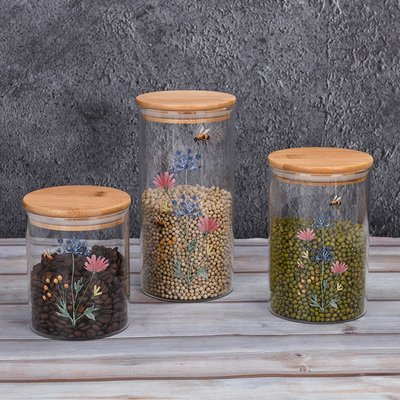 Flower deco glass kitchen storage canister set with bamboo lid