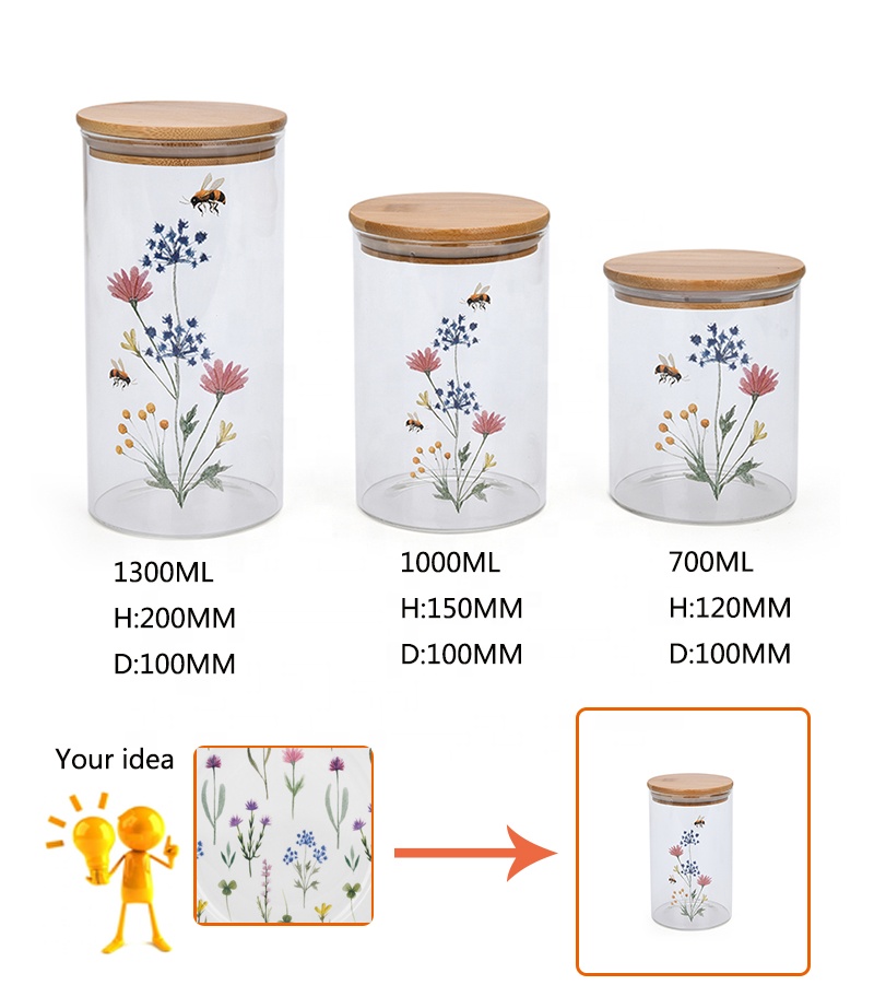 Flower deco glass kitchen storage canister set with bamboo lid