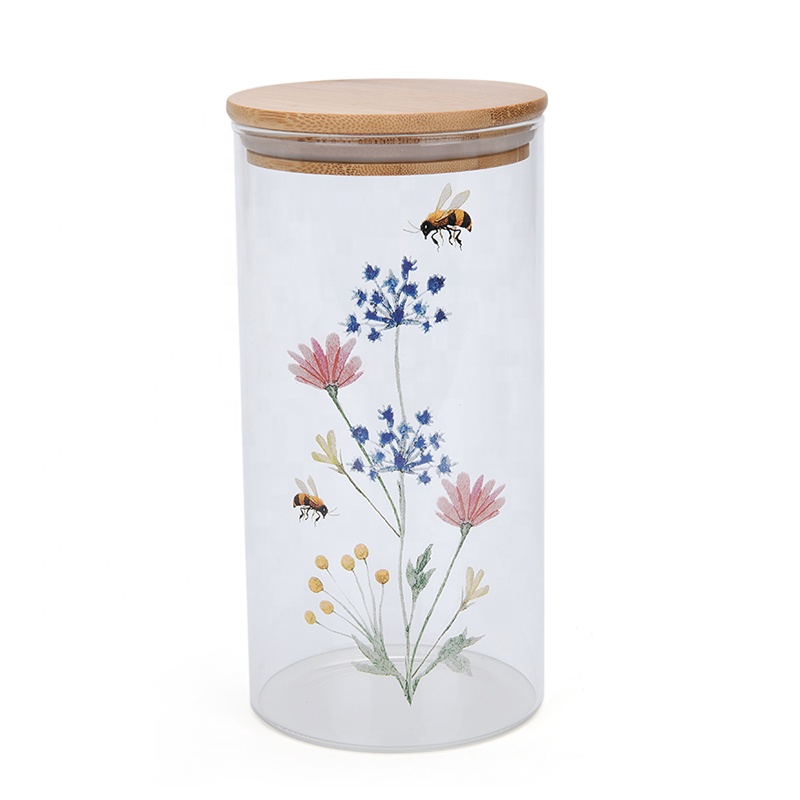 Flower deco glass kitchen storage canister set with bamboo lid