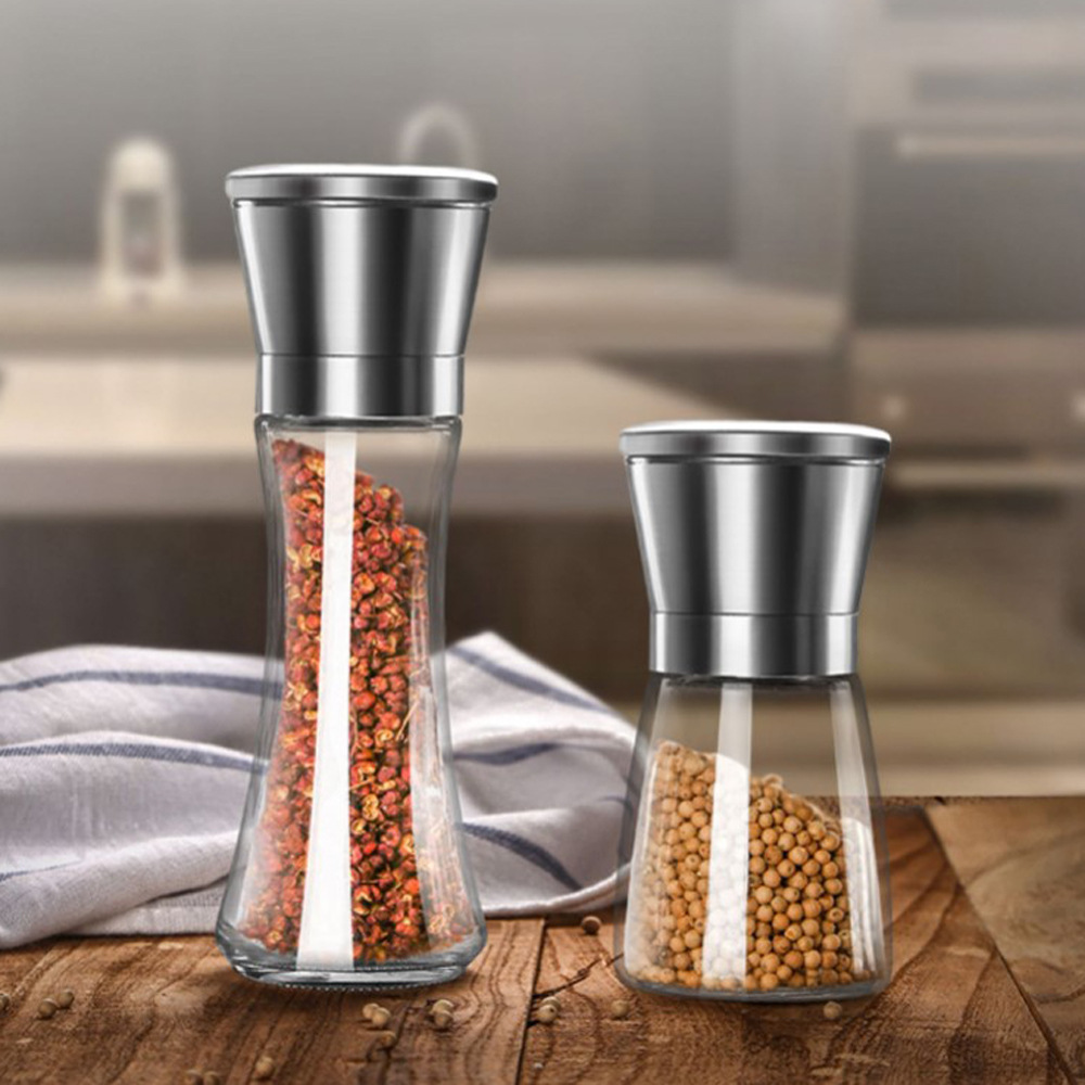 Food Degree Stainless Steel Grinder Durable Glass Body Ceramic Rotor Adjustable Coarseness Tresh Lock Lid Spices Herbs Bottle