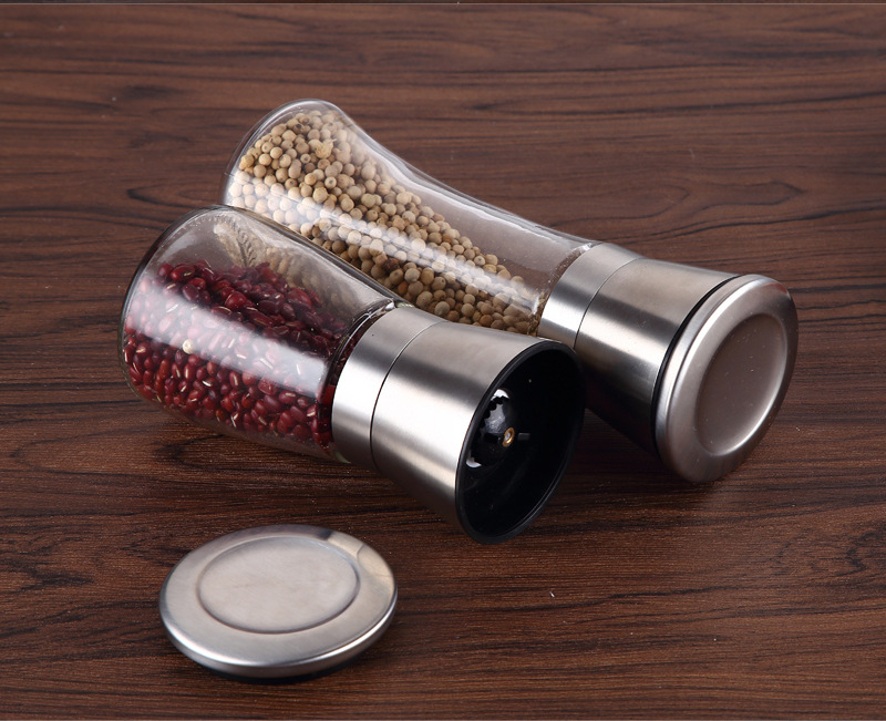 Food Degree Stainless Steel Grinder Durable Glass Body Ceramic Rotor Adjustable Coarseness Tresh Lock Lid Spices Herbs Bottle