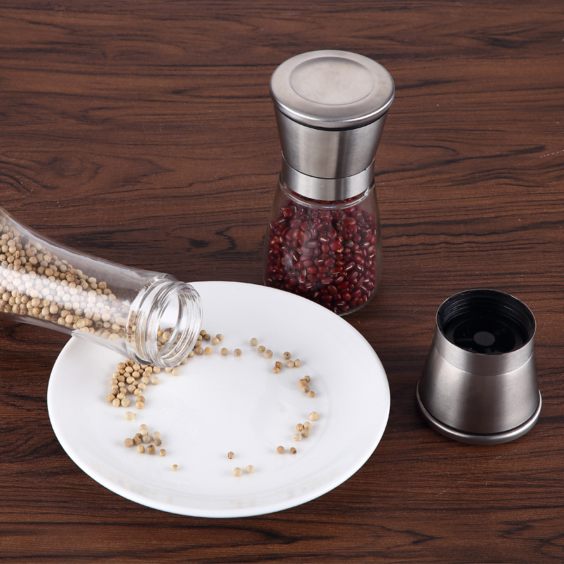 Food Degree Stainless Steel Grinder Durable Glass Body Ceramic Rotor Adjustable Coarseness Tresh Lock Lid Spices Herbs Bottle