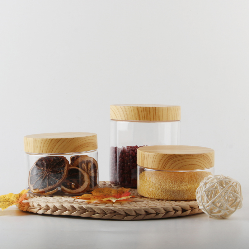 Food Grade 200ml Container With Wood Printing PP Cap,PET Food Storage Jar With Cap, Wide Mouthed Plastic Jar