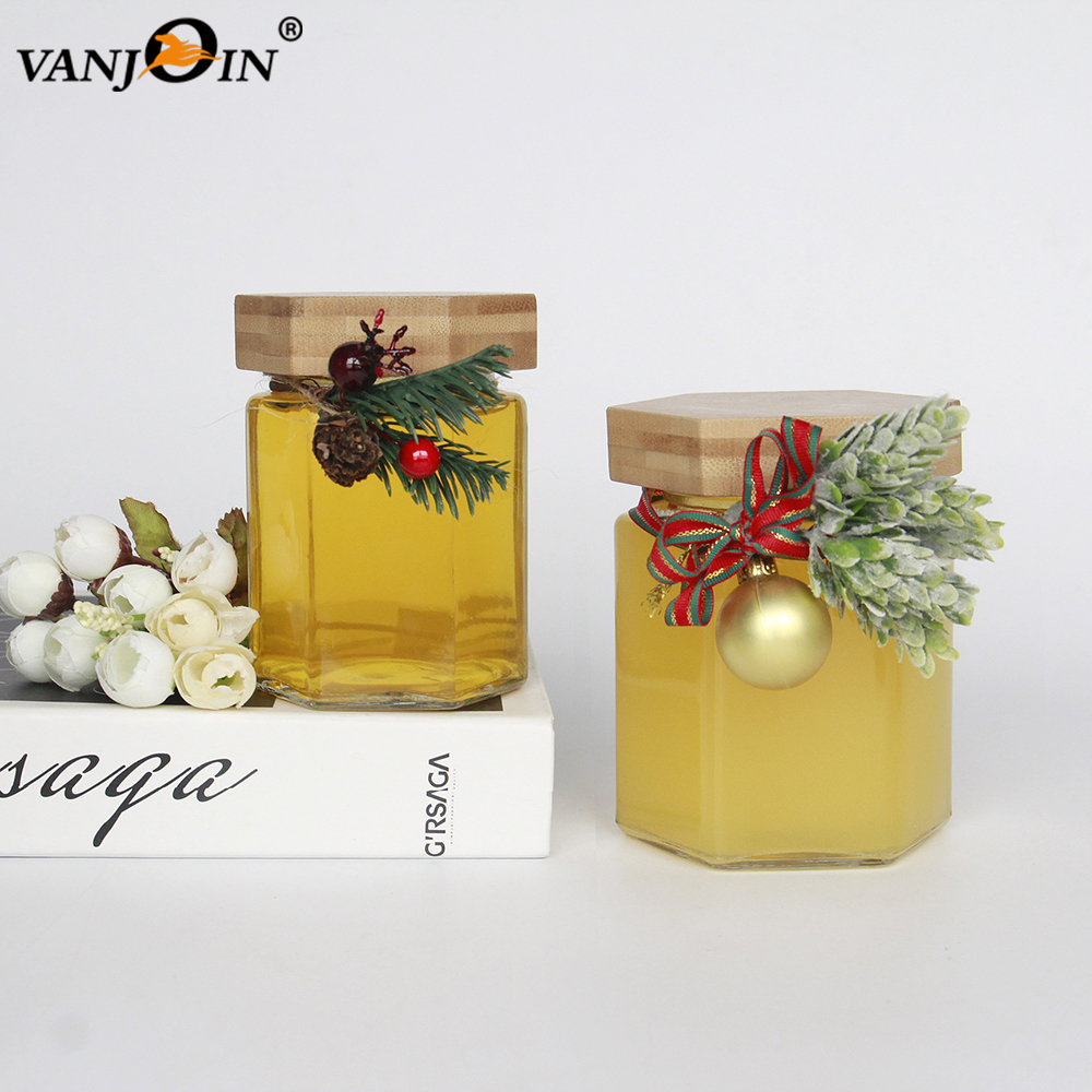 Food Grade 4oz 6oz Clear Glass Food Container Honey Jar With Wood Lid