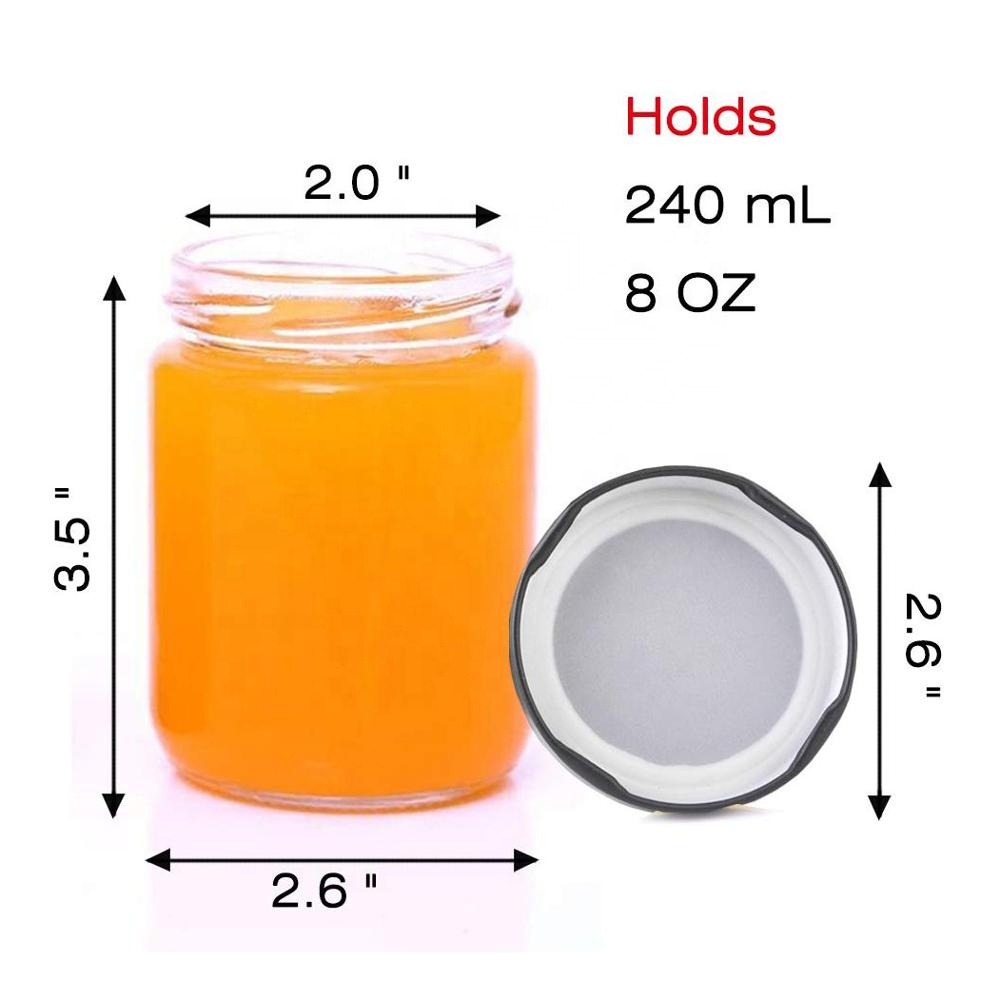Food Grade 8oz 250ml Round Glass Jars for Honey Jam Pickles with Metal Lids