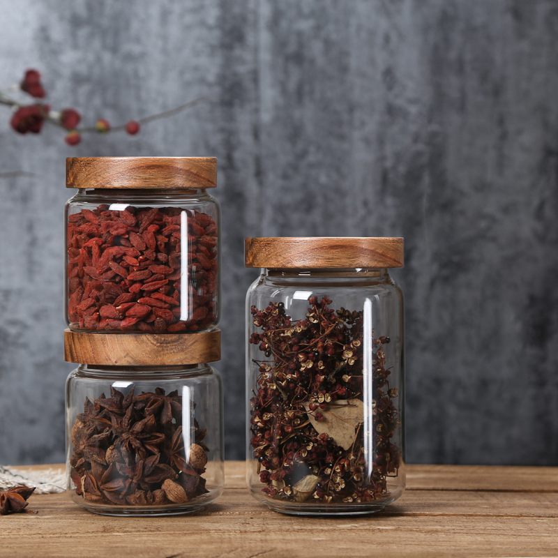 Food Grade Acacia Wood Seal Lid Glass Jar Food Jar With Lid, Glass Storage Jars Airtight Lid