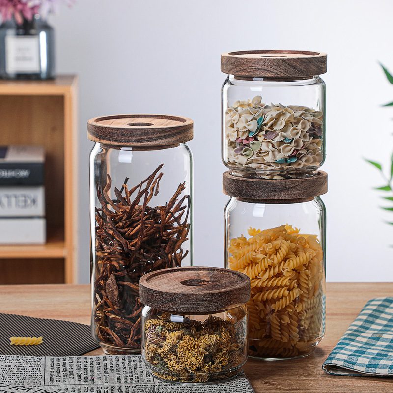 Food Grade Acacia Wood Seal Lid Glass Jar Food Jar With Lid, Glass Storage Jars Airtight LidHot sales borosilicate glass storage