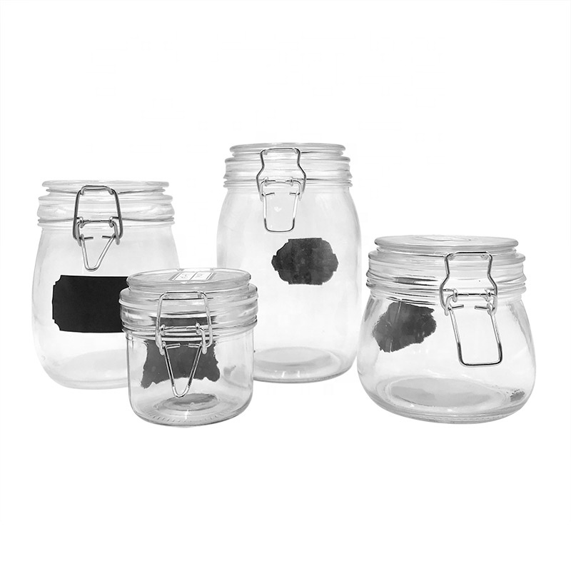 Food Grade Airtight Glass storage Jam Jar/Pickle Jar with Stainless Steel metal Clip 500ml