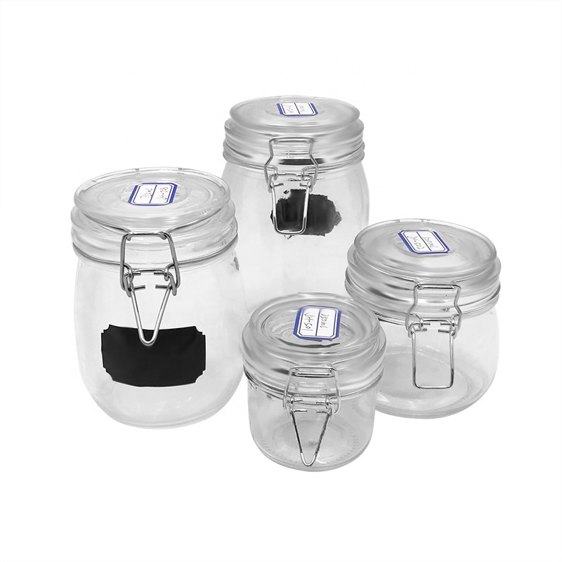 Food Grade Airtight Glass storage Jam Jar/Pickle Jar with Stainless Steel metal Clip 500ml