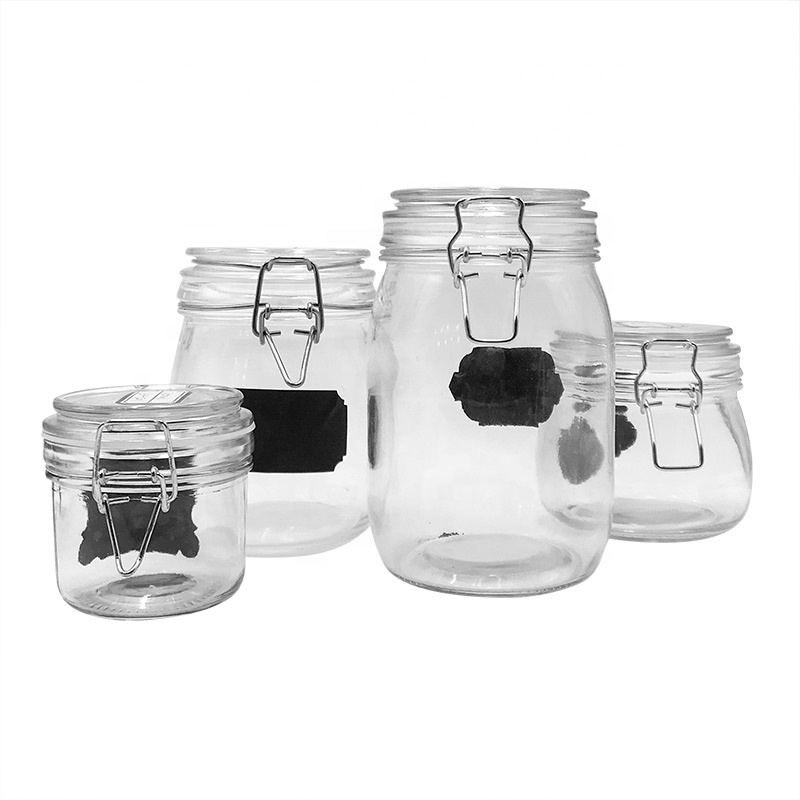 Food Grade Airtight Glass storage Jam Jar/Pickle Jar with Stainless Steel metal Clip 500ml