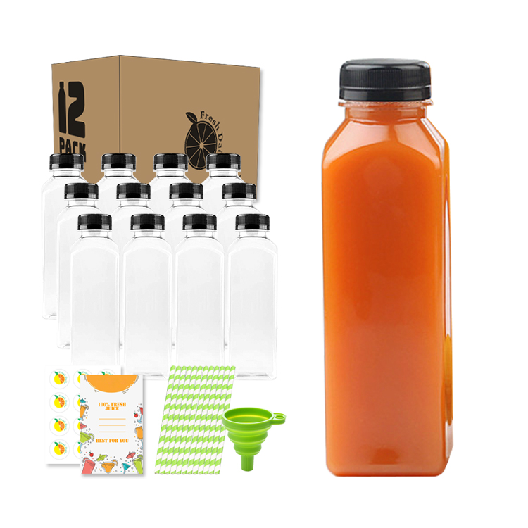 Food Grade BPA Free 16 oz Empty Clear Plastic Juice Milk Bottles with Black Tamper Evident Caps and Straws 12 Sets in Bulk