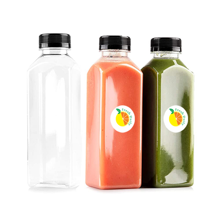 Food Grade BPA Free 16 oz Empty Clear Plastic Juice Milk Bottles with Black Tamper Evident Caps and Straws 12 Sets in Bulk