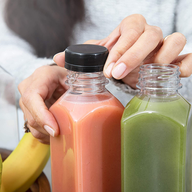 Food Grade BPA Free 16 oz Empty Clear Plastic Juice Milk Bottles with Black Tamper Evident Caps and Straws 12 Sets in Bulk