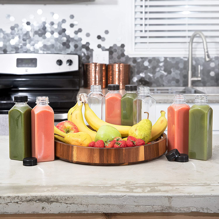 Food Grade BPA Free 16 oz Empty Clear Plastic Juice Milk Bottles with Black Tamper Evident Caps and Straws 12 Sets in Bulk