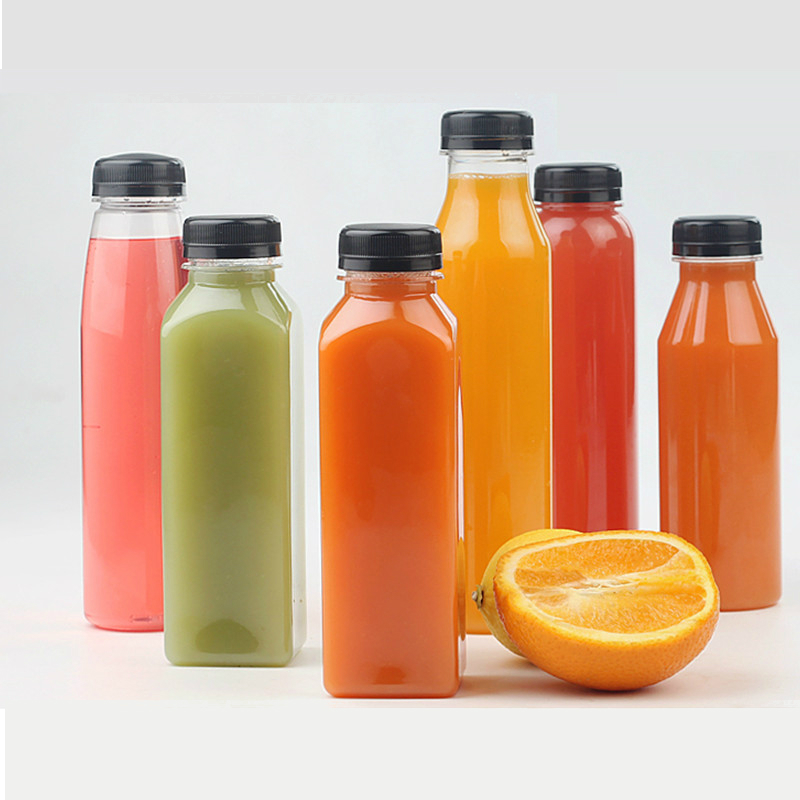 Food Grade BPA Free 16 oz Empty Clear Plastic Juice Milk Bottles with Black Tamper Evident Caps and Straws 12 Sets in Bulk