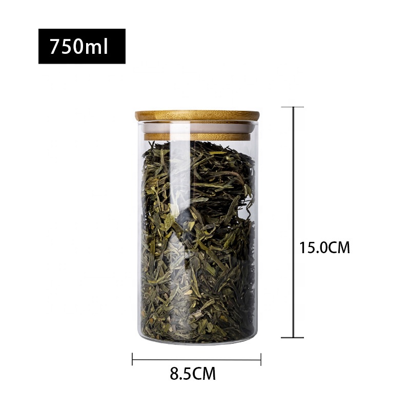 Food Grade Clear Cylinder Borosilicate Bamboo Lid Coffee Containers Home Airtight Kitchen Glass Jars Storage