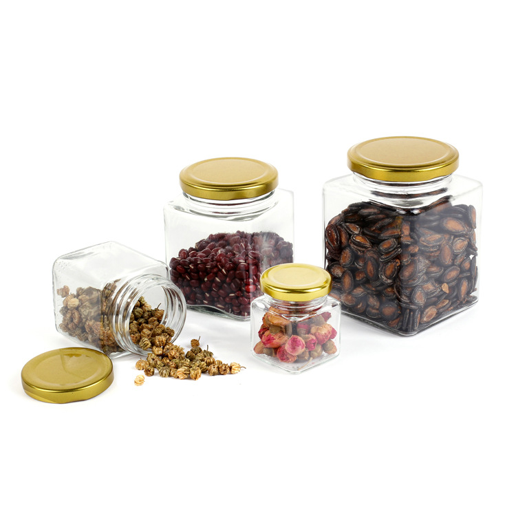 Food Grade Clear Square 250ml 350ml Glass Honey Jar Jam Jar Candy Jar with Metal Lid