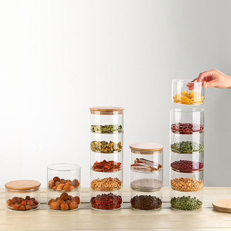 Food Grade High Borosilicate Bamboo Lid Kitchen Coffee Spice Airtight Clear Glass Stackable Storage Jar