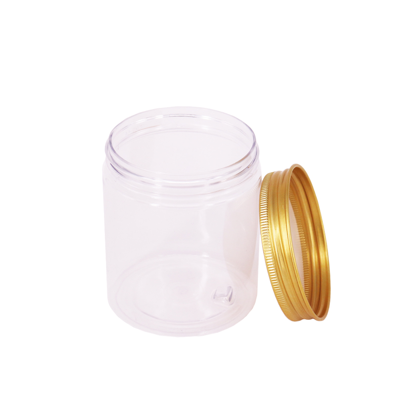 Food Grade Ice Cream Wide Mouthed Jar with aluminum cap, PET Jars With Bamboo wooden Printing PP lid,Clear Plastic Jar
