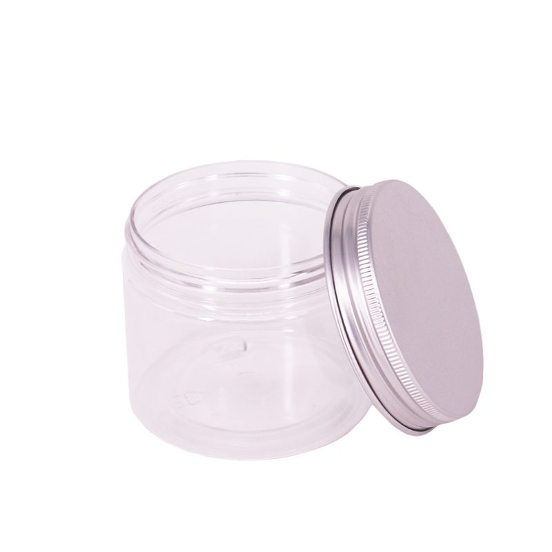 Food Grade Ice Cream Wide Mouthed Jar with aluminum cap, PET Jars With Bamboo wooden Printing PP lid,Clear Plastic Jar