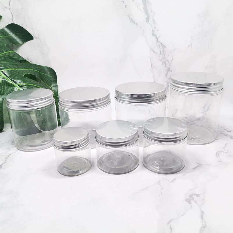 Food Grade candy storage Aluminum Lid Hermetic Clear PET Plastic Jar Food Grade with silver aluminium lids