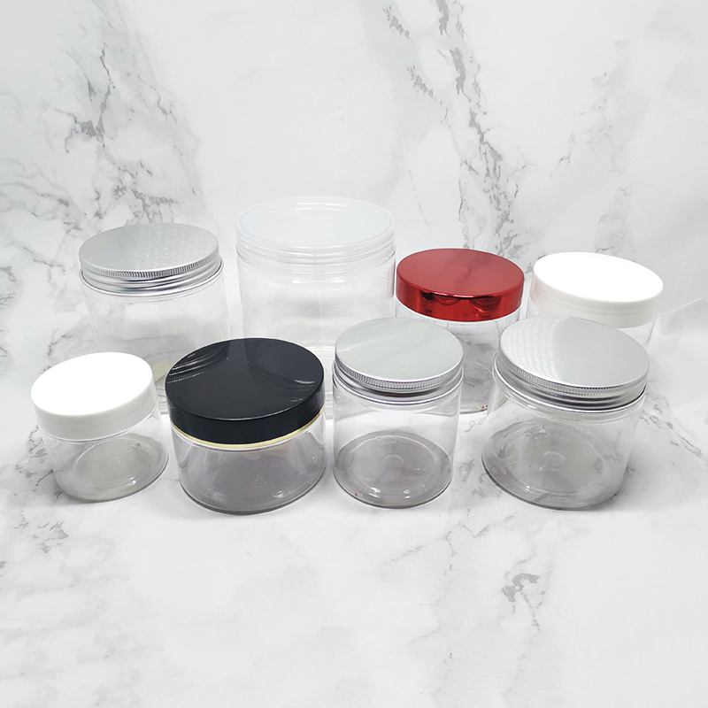 Food Grade candy storage Aluminum Lid Hermetic Clear PET Plastic Jar Food Grade with silver aluminium lids