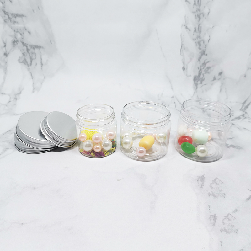 Food Grade candy storage Aluminum Lid Hermetic Clear PET Plastic Jar Food Grade with silver aluminium lids