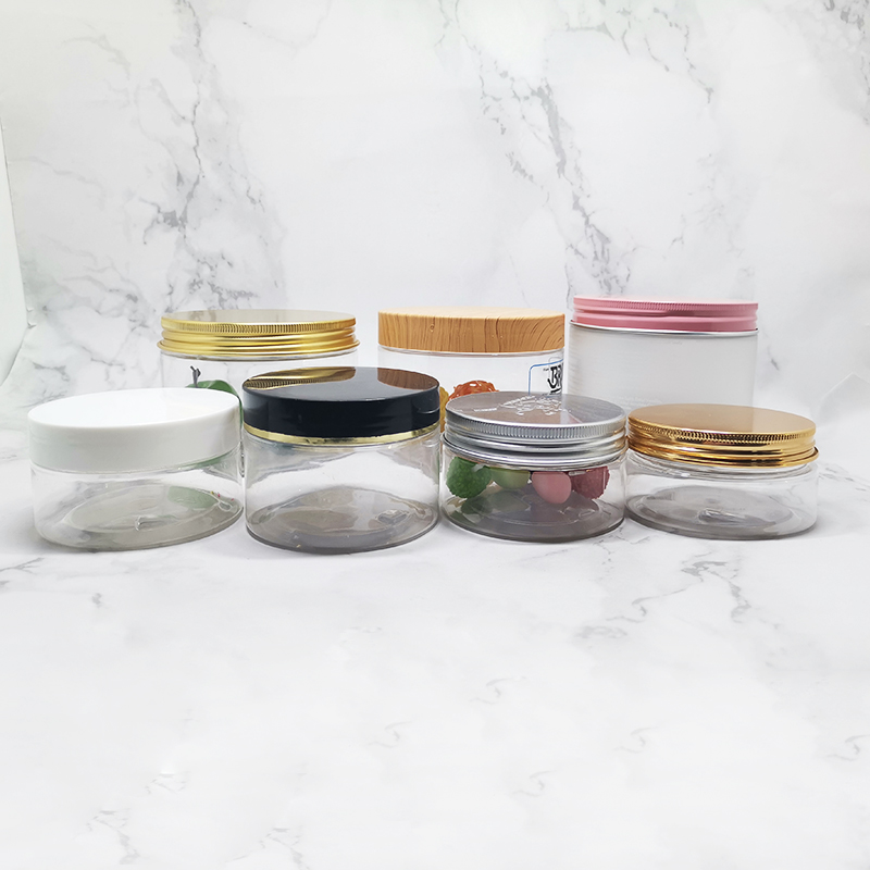 Food Grade candy storage Aluminum Lid Hermetic Clear PET Plastic Jar Food Grade with silver aluminium lids