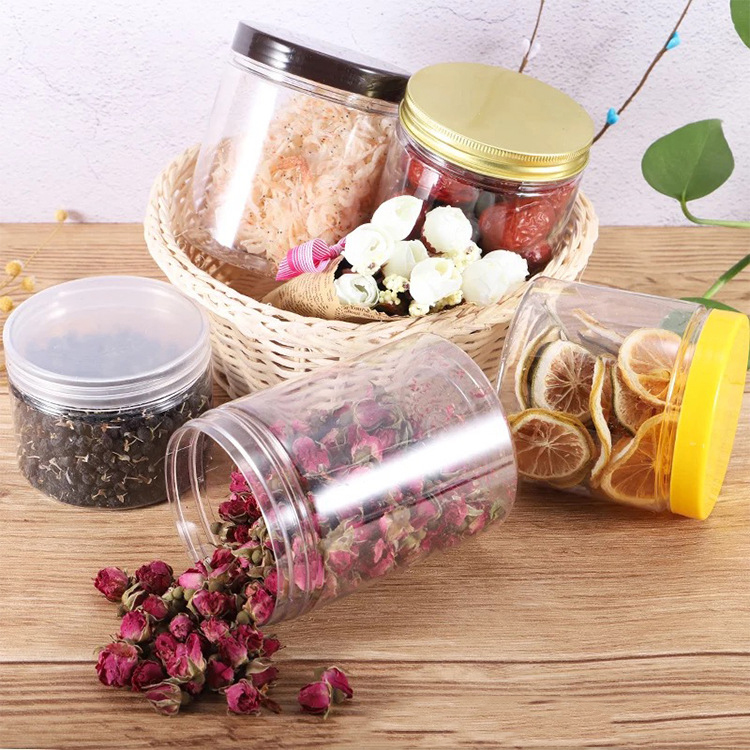 Food Grade candy storage Aluminum Lid Hermetic Clear PET Plastic Jar Food Grade with silver aluminium lids
