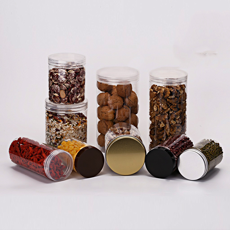 Food Grade candy storage Aluminum Lid Hermetic Clear PET Plastic Jar Food Grade with silver aluminium lids