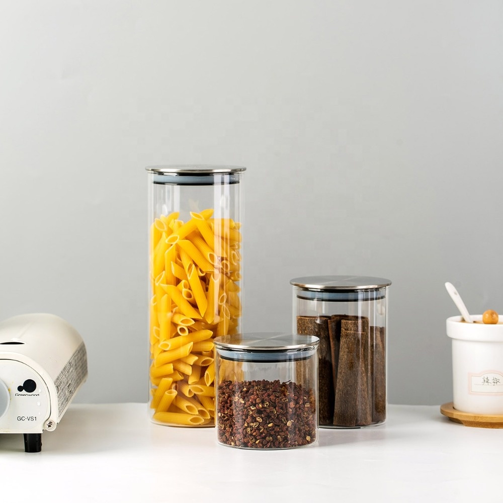 Food Safe Clear Round Cylinder Borosilicate Glass Storage Jar with Metal Stainless Steel Lid