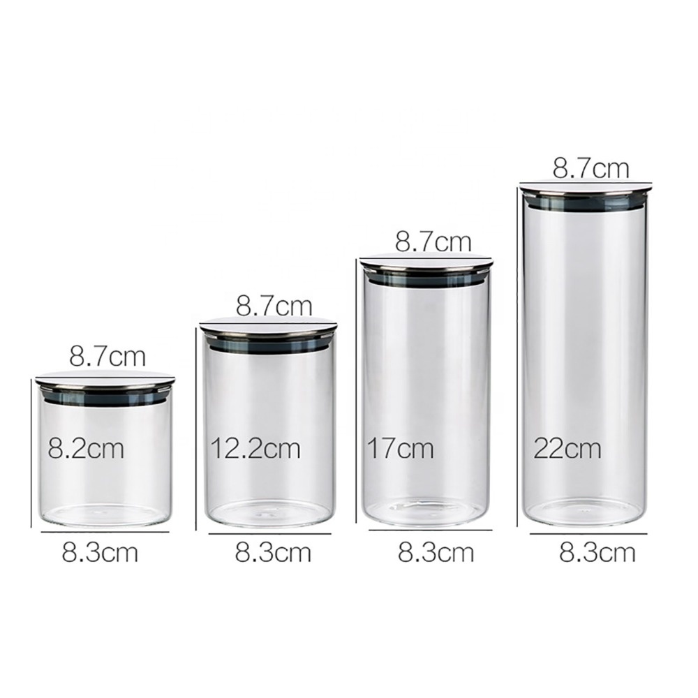 Food Safe Clear Round Cylinder Borosilicate Glass Storage Jar with Metal Stainless Steel Lid
